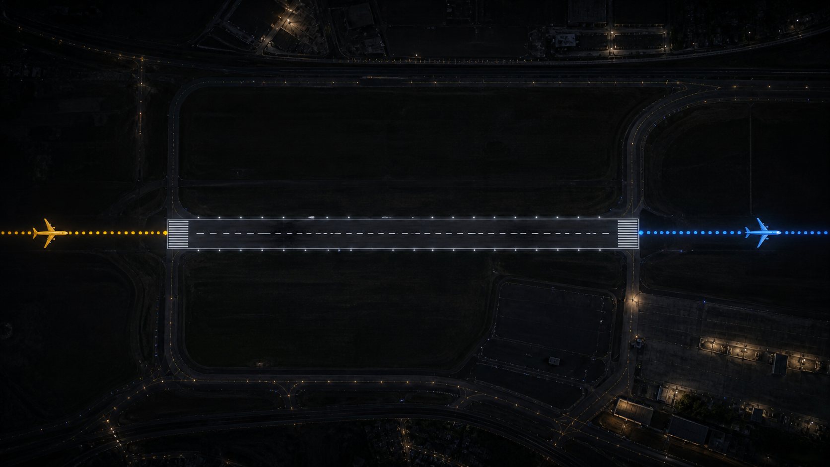 Two aircraft moving in the same direction along one runway corridor, with amber and blue paths representing complementary station coverage